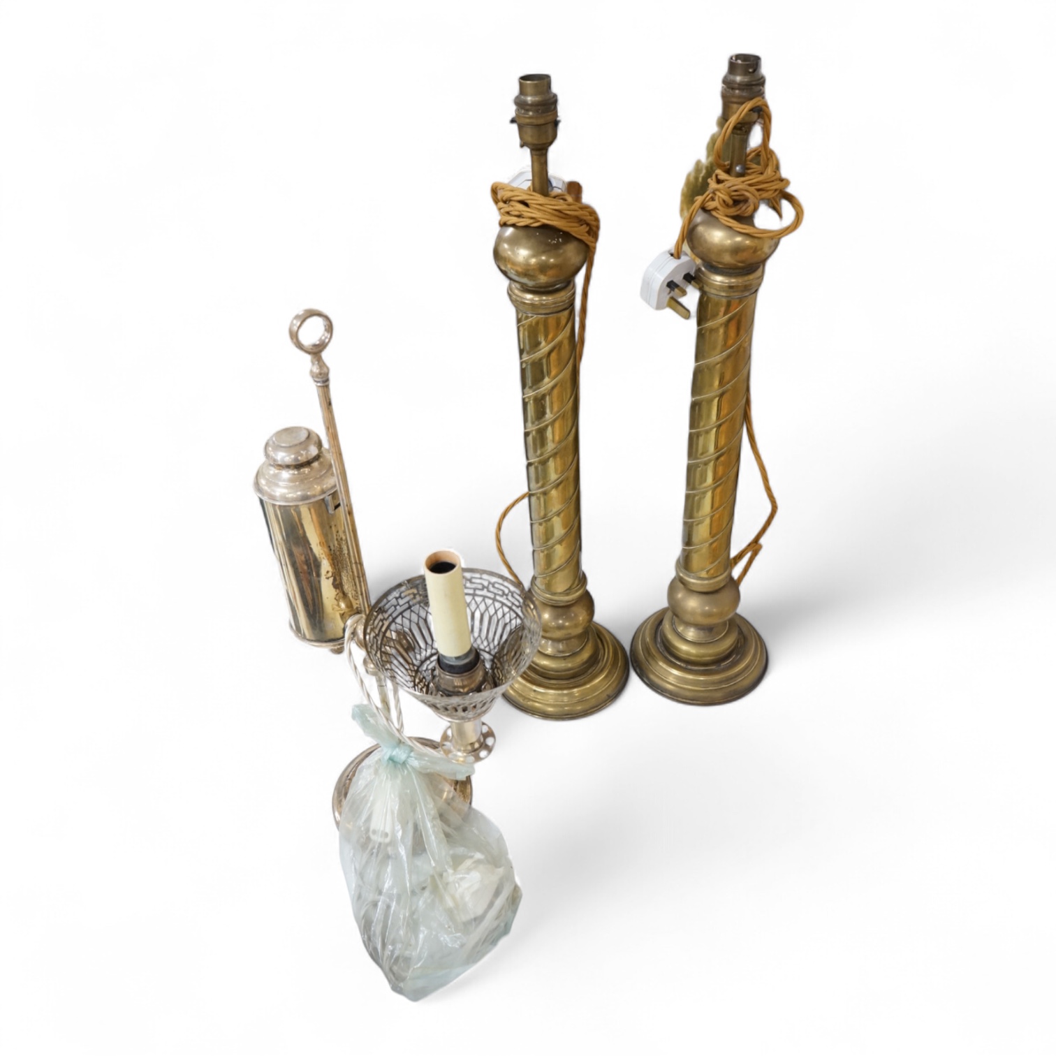 A pair of tall brass fluted column table lamps and arise and fall desk lamp, largest each overall 64cm high